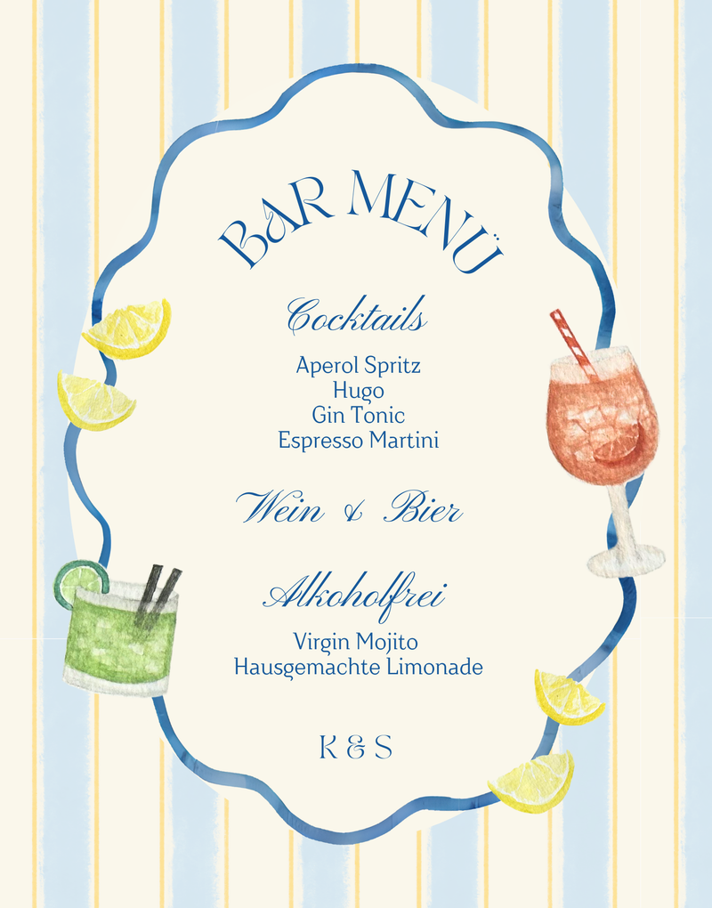 Bar menu with cocktail illustrations on a striped background