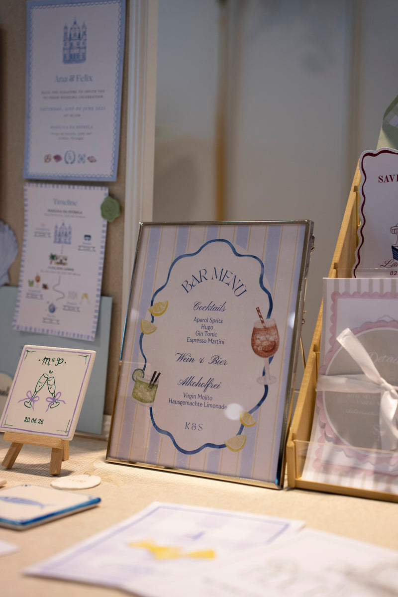 Set of bar menus and stationery items on a table with a blurred background