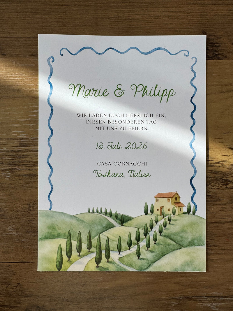 Wedding invitation card with a house on a field illustration.