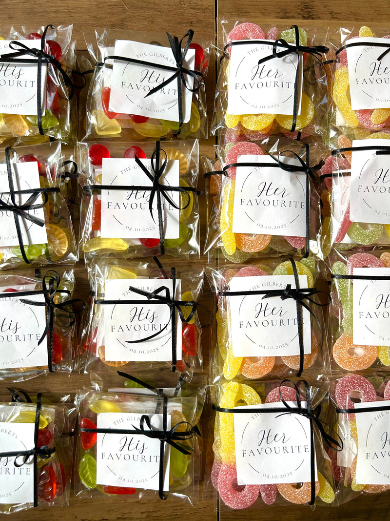 Packaged gummy candy with 'His Favourite' and 'Her Favourite' labels.
